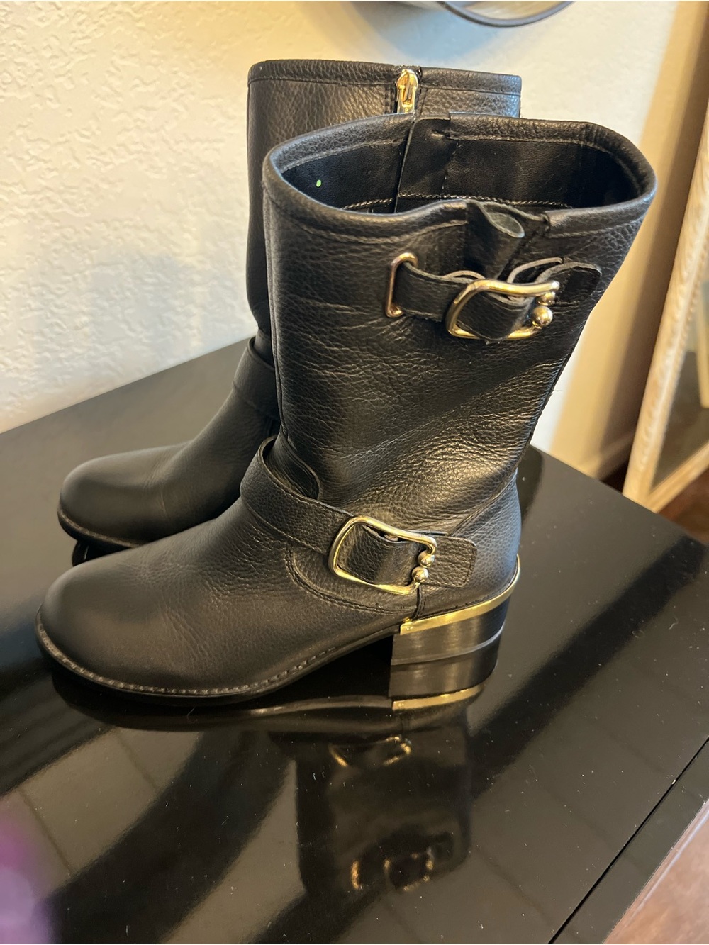 Vince Camuto Black Leather Mid-Calf Boots with Gold Buckles